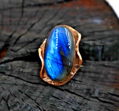 Anel de cura de labradorita azul oval floral cobre feito à mão espiritual anel boho "8 - Imagem 1 de 4
