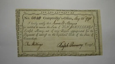 1791 10 Shillings Connecticut Comptrollers Office Colonial Currency Note Pomeroy - Image 1 of 2