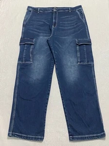 Nova Cargo Jeans Mens Size 40×32 Blue Denim Straight Baggy Wide Leg - Picture 1 of 8