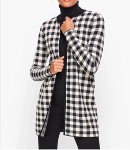 Talbots Black White Buffalo Plaid Check Open Cardigan Sweater Jacket Sz Medium - Picture 1 of 7