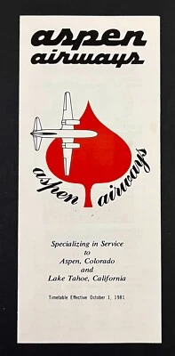 Folleto de horarios de vuelo vintage 1981 Aspen Airways Colorado Lake Tahoe California Foto 1 de 3