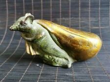 Old Chinese Auspicious Bronze Copper Zodiac Mouse Carry Wealth Money Bag Statue