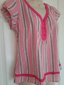 MONSOON Striped Blouse Womens UK12 Y2K Pink 100% Cotton Capped Sleeve Vneck - Picture 1 of 18