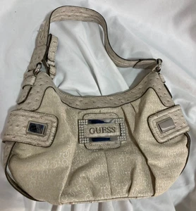 Guess Vintage Hand Shouder Bag Purse Monogram Beige Tan Y2K 90s Rhinestone - Picture 1 of 9