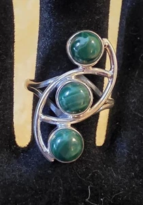 Triple Malachite Gemstones Size 7.5 Natural Statement Piece 925 Sterling Si #100 - Picture 1 of 6