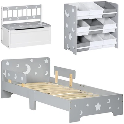 Kids Bedroom Set Stars Moons Bed Storage Bench Organiser Toddlers Safe Grey - Image 1 of 4
