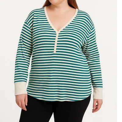 Top de pijama para mujer Victoria's Secret Henley a rayas cuello en V 2XL manga larga Foto 1 de 4