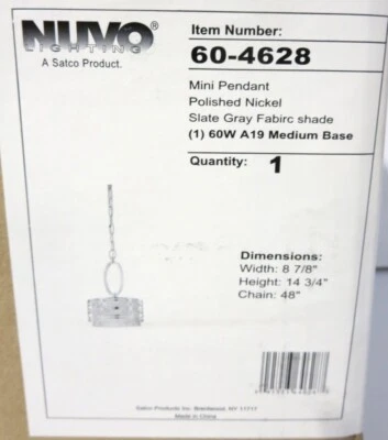 SATCO NUVO 60-4628 Harlow - 1 Light Mini Pendant with Slate Gray Fabric Shade  - Image 1 of 2