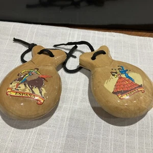 2 x Vintage Spanish Castanets Flamenco percussion instrument wood - Picture 1 of 6
