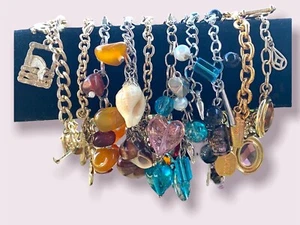 Vintage Charm Bracelets Shells Beads Multi Colour Dangly Jewelry Lot - Picture 1 of 10