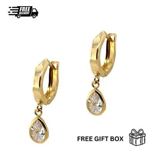 14k Yellow Gold Pear Huggie Dangle Earrings - Picture 1 of 1