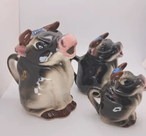 Vintage 3pc Set Cow Bull Creamer Pitcher Mini Porcelain Sitting Japan S/M/L - Picture 1 of 4