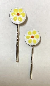 Bobby Pin set -GUILLOCHE ENAMEL YELLOW DAISY FLOWER  ACCENT- RHODIUM PLATE - Picture 1 of 3