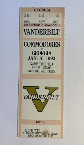 Vanderbilt Commodores vs Georgia 1/16/93 NCAA College Basketball Ticket Stub Cover