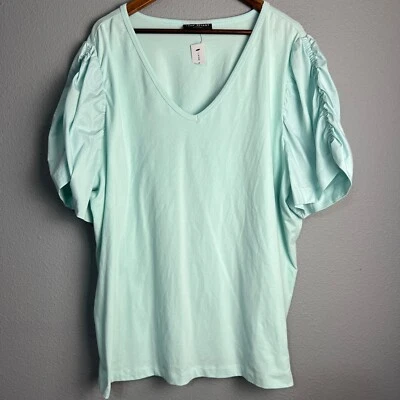 NWT Lane Bryant Mint Green V-Neck T-Shirt Ruched Puff Sleeve Top Plus Size 26/28 - Image 1 of 4