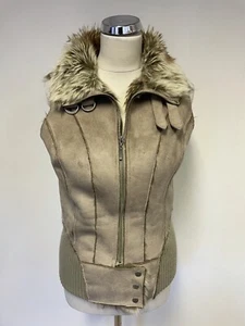 VILA BEIGE FAUX SUEDE & FAUX FUR LINED ZIP FRONT GILET SIZE M - Picture 1 of 6