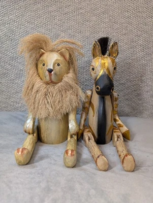 Pier 1 Wood Folk Art Jointed Lion/Zebra Shelf Sitter Hand Carved Nursery Rustic - Image 1 of 4