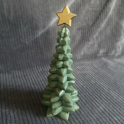 Pier 1 Wooden Christmas Tree 12" Green Carved Wood Holiday Decor Gold Star Toppe - Image 1 of 4