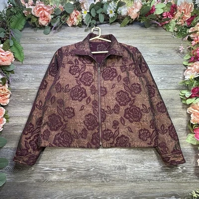 Coldwater Creek Womens Tapestry Jacket Size Medium Zip Floral Flower Reversible - Image 1 of 4