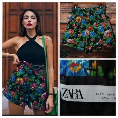 Pantalones Cortos Zara Talla S Bolsa de Papel Cintura Cinturón Tiro Alto Negro Floral Puños Elásticos  Foto 1 de 4