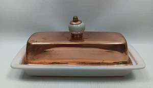 VTG Baker Hart Stuart Copper & Porcelain Butter Dish W/ Knob-M.I. Korea-7x3.5x4” - Picture 1 of 8