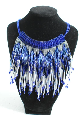 Handmade Seed Beaded Royal Blue and White Drop-Down Choker Fringe Necklace - Image 1 of 4