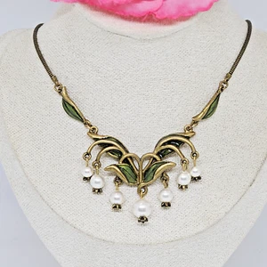 Sweet Romance Lilly Of The Valley Necklace Green Enamel White Faux Pearl - Picture 1 of 12