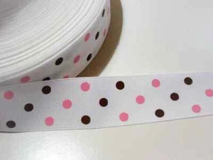 White Pink Brown Polka Dot Grosgrain Ribbon 1 1/2" wide x 6 yards Schiff B52 - Picture 1 of 4