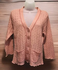 Vtg Pierre Cardin Pink Lightweight Open Knit Wool Mohair Cardigan Sweater Sz M - Picture 1 of 7