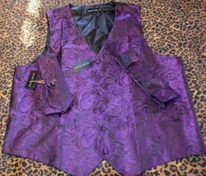 NWT Barry Wang Black/Purple Silk Paisley Vest, Tie, Hanky, Cufflink, Tie Clip-XL - Picture 1 of 12