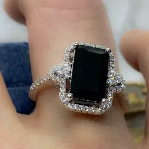 5.50Ct Emerald Black Diamond Halo Women's Engagement Ring 14K White Gold Finish - Picture 1 of 9