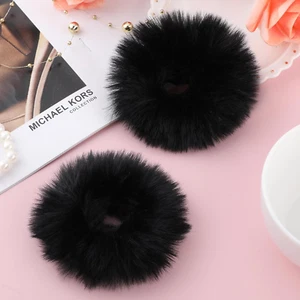 2Pcs Black Pompom Hair Tie Furry Faux Rabbit Fur Fuzzy Scrunchies Black Fuzzy Ha - Picture 1 of 12