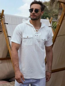 Men's Cotton Linen Short Sleeve Shirt Pocket Workwear Hooded Pocket Shirt - Bild 1 von 15