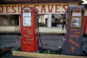 Vintage 1940's Reprint Colorized Photo of a Gas Station Jesus Saves Gas Pumps - Picture 1 of 1