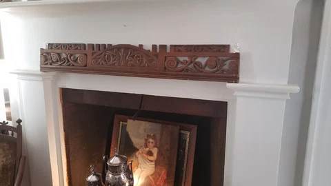ANTIQUE carved oak architectural mantle piece 58" Cover