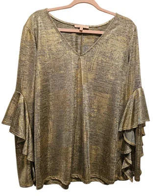 Blusa Top Gibson & Latimer Mujer Cuello en V Volantes Manga Larga Dorado Brillante Talla XL  Foto 1 de 4