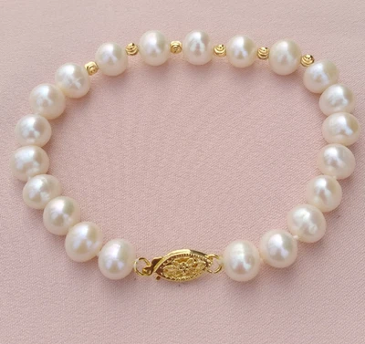 White AAA  Akoya Round Natural Pearl Bracelet 7.5-8” 14k Yellow Gold P Clasp - Image 1 of 4