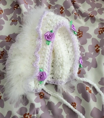 Vintage Handmade Crocheted Baby Bonnet Fur Trim Purple Flower Infant Hat 6 Month - Image 1 of 4