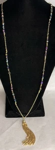 Liz Claiborne Necklace Irid Purple Carnival Glass Tassel Gold Tone Chain 36”+4" - Picture 1 of 3
