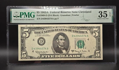1963 A - Federal Reserve Five Dollar $5 -Cleveland-PMG 35 EPQ - Image 1 of 2