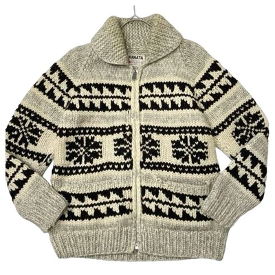 Suéter de Lana KANATA Cowichan Copo de Nieve Nórdico Tejido a Mano Canadá XL F/S Foto 1 de 4