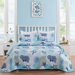 Coastal Quilt Set King Size, Blau Ozean Strand Thema Bettwäsche Set Koralle Meer... - Bild 1 von 7