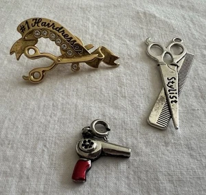 3 Pc Lot Hairdresser Hair Stylist Charm Pendant Brooch Pin Scissors HairDryer - Picture 1 of 4