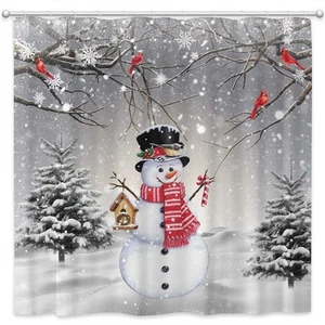Christmas Snowman Shower Curtain Winter Snowy Forest Scene Bathroom Curtain S... - Picture 1 of 6