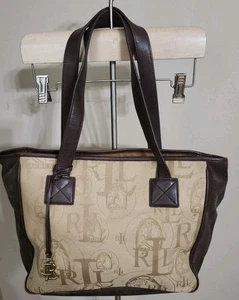Lauren Ralph Lauren Handtasche hellbraun Canvas Pferd Logo braun Wildleder Reittasche - Bild 1 von 11