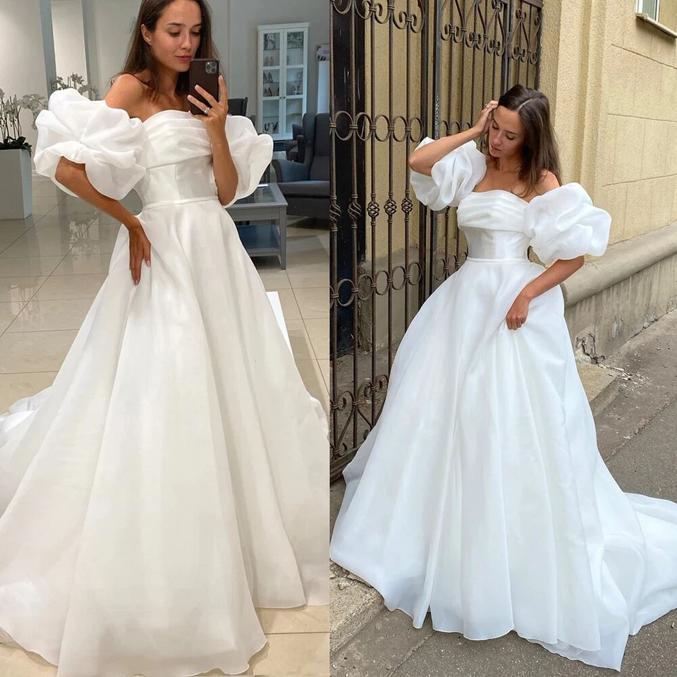 Princess Organza Wedding Dresses Puffy Sleeves White Ivory A Line Bridal Gowns - Image 1 of 4