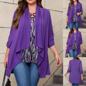 Plus Size Women 3/4 Sleeve Hem Open Front Cardigan Ladies Casual Tops Blouse US - Picture 1 of 20