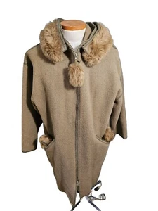 Vintage Linda Lundstrom Laparka Hooded Wool Faux Fur Jacket Coat Cream Green M  - Picture 1 of 5