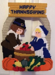 Vintage Needlepoint Plastic Canvas Wall Hanging Pilgrim Thanksgiving Decor 17” - Picture 1 of 2