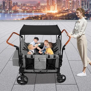 Folding Baby Stroller Wagon Cart For 4 Kids, Face To Face High Seat With Canopy - Picture 1 of 18
